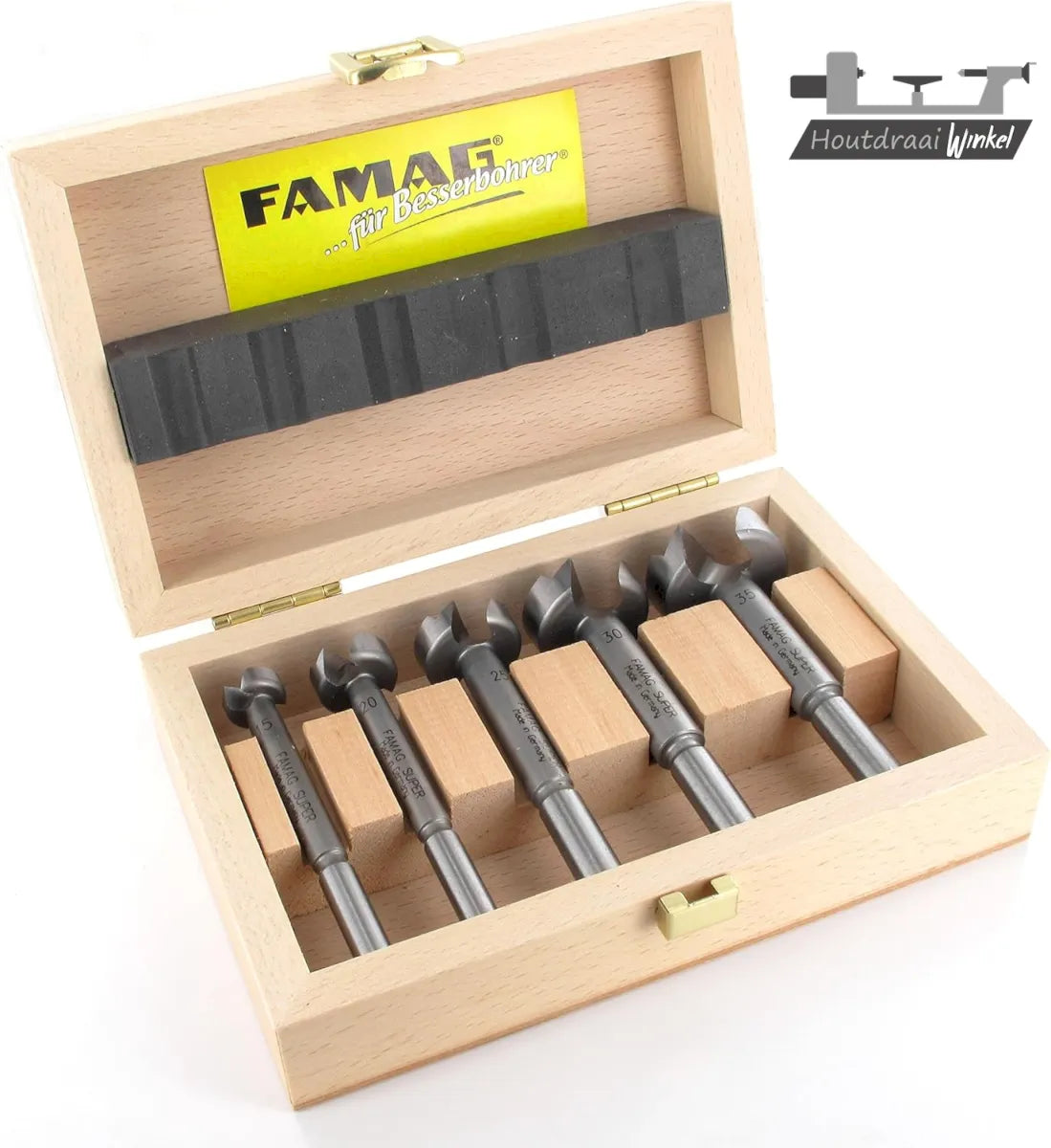 Beuken houten kistje met 5 forstnerboren van de 1630 serie van Famag